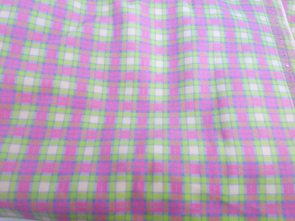 Vintage Flocked Plaid Fabric Remnant Pink & Green Retro Check 2.7 Yards